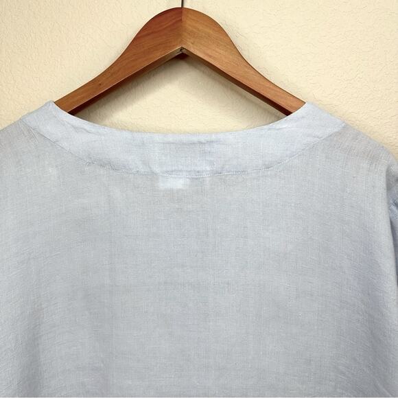 FLAX 100% Linen Light Blue Over Size Button Crew Neck Long Sleeve Pockets Sz L - Picture 4 of 14